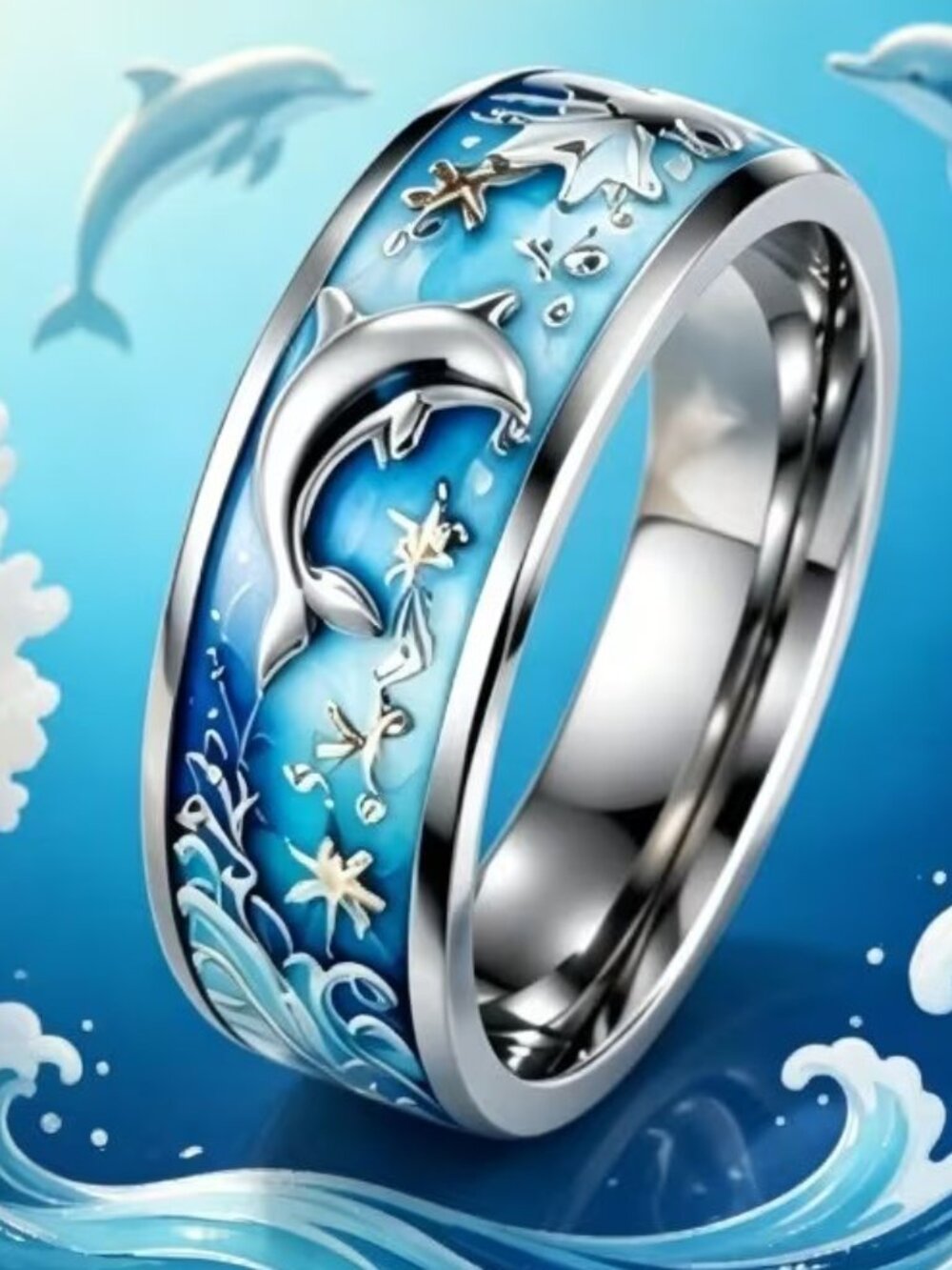 Silver Stainless Steel DOLPHIN Sea Beach Band Ring Size 9
